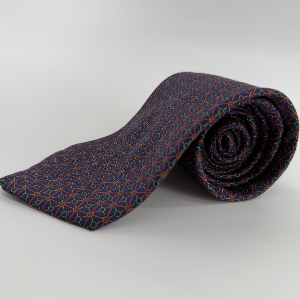 Brooks Brothers Makers Silk Tie Navy Blue Red Gold Chain Link Geometric - Picture 1 of 4